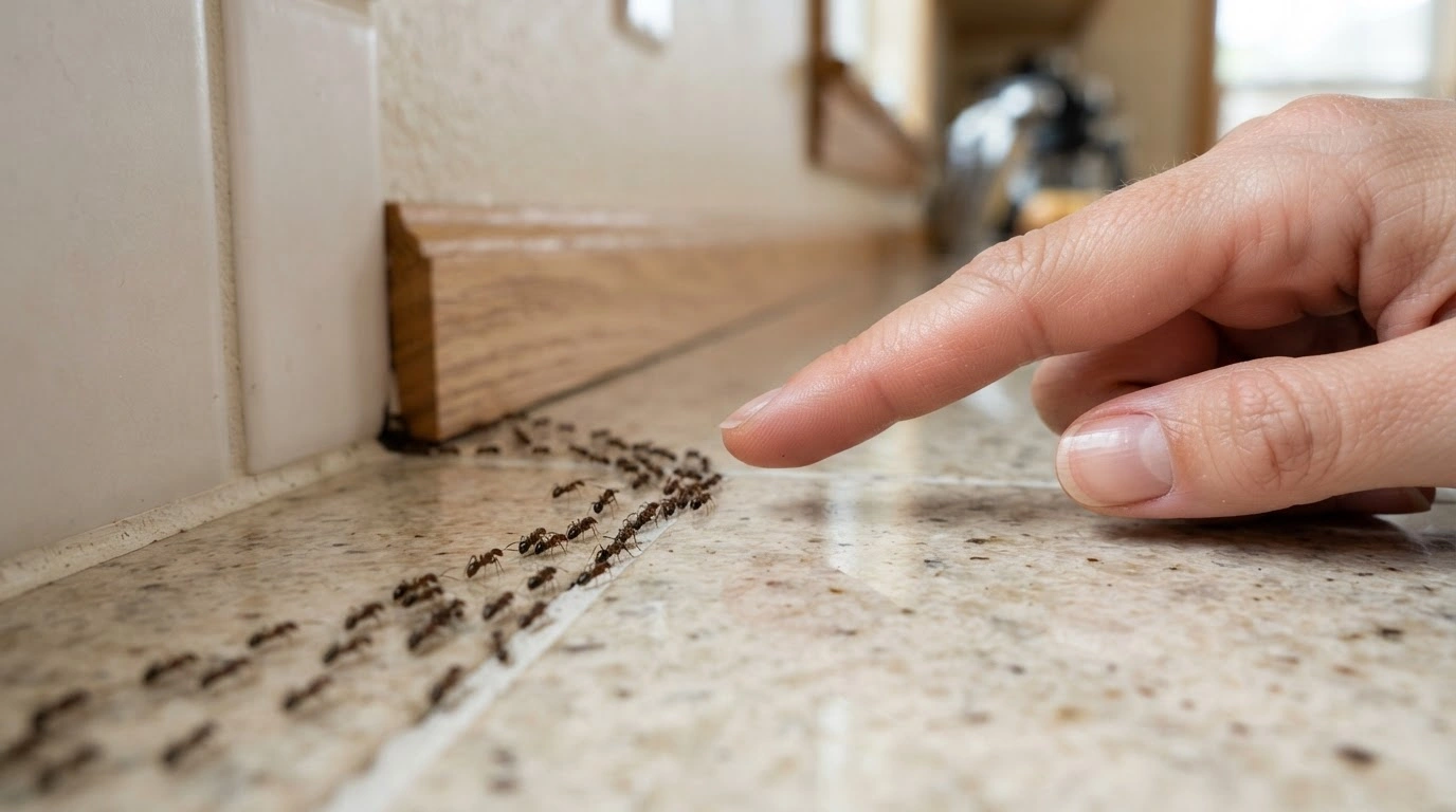 A Narrow, Busy Trail of Tiny, Dark Brown Ants Meticulously Marches Across a Pristine, Light Beige Kitchen Countertop