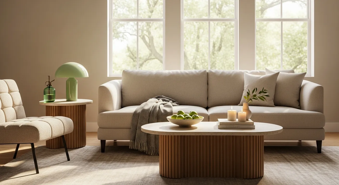 A Light Beige Sofa With a Throw Blanket and a Fluted Wooden Coffee Table With a Light Stone Top