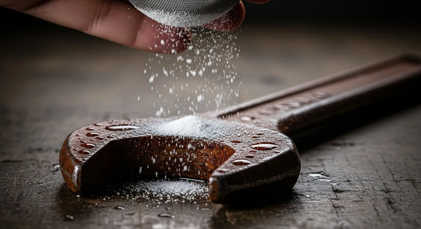 Fine White Baking Soda Crystals Falling and Settling Onto the Deeply Corroded, Reddish-brown Rusted Surface of a Vintage Metal Wrench