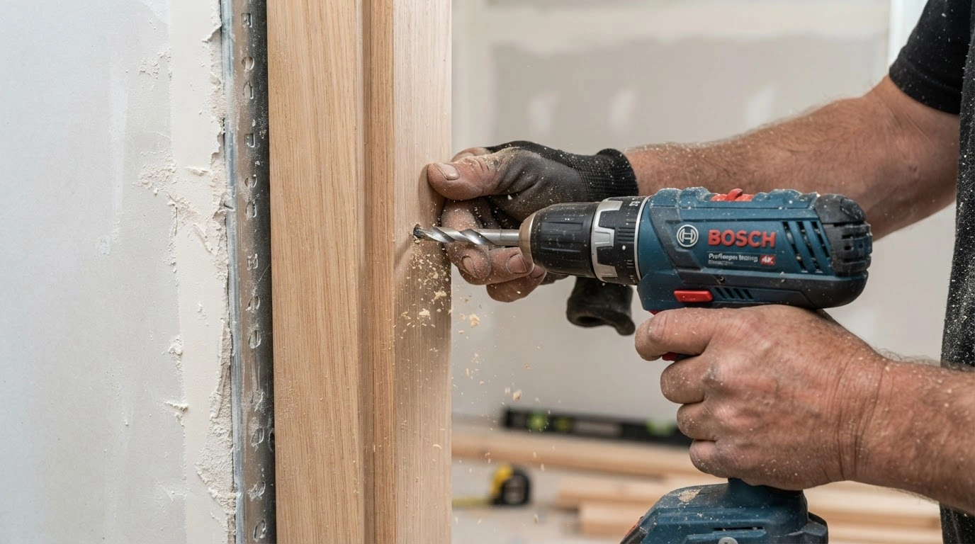 A Skilled Carpenter's Hands Meticulously Drilling a Pilot Hole Into the Pristine Wooden Jamb of a Freshly Mounted Door Frame