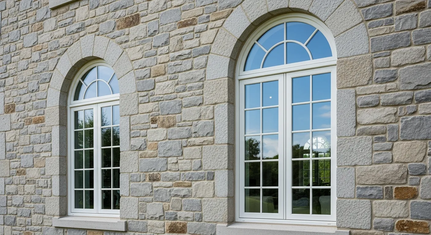 Two Elegant, Vertically Elongated Windows, Each Featuring a Distinctive Arched Top and Crisp White Frames