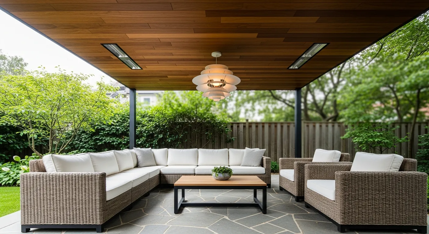 A Sleek Dark Warm Wooden Flat Ceiling With Integrated Heaters and a Sculptural Pendant Light