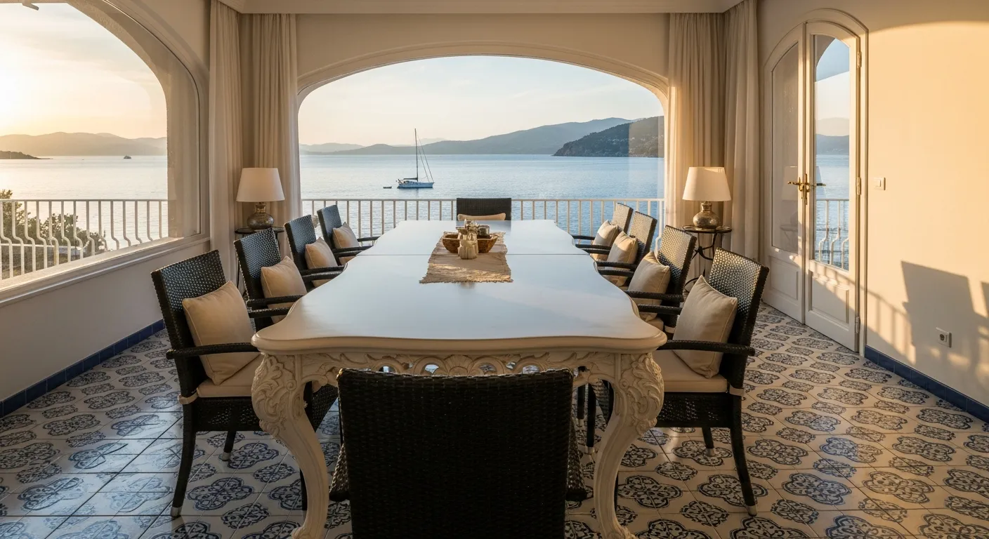 A White Ornate Dining Table and Dark Wicker Chairs on an Intricate Blue and White Patterned Tile Floor