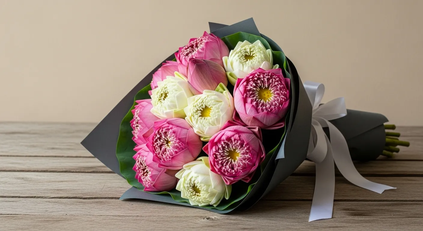 Lotus Bouquet Laying on a Table Lotus Bouquet Laying on a Table