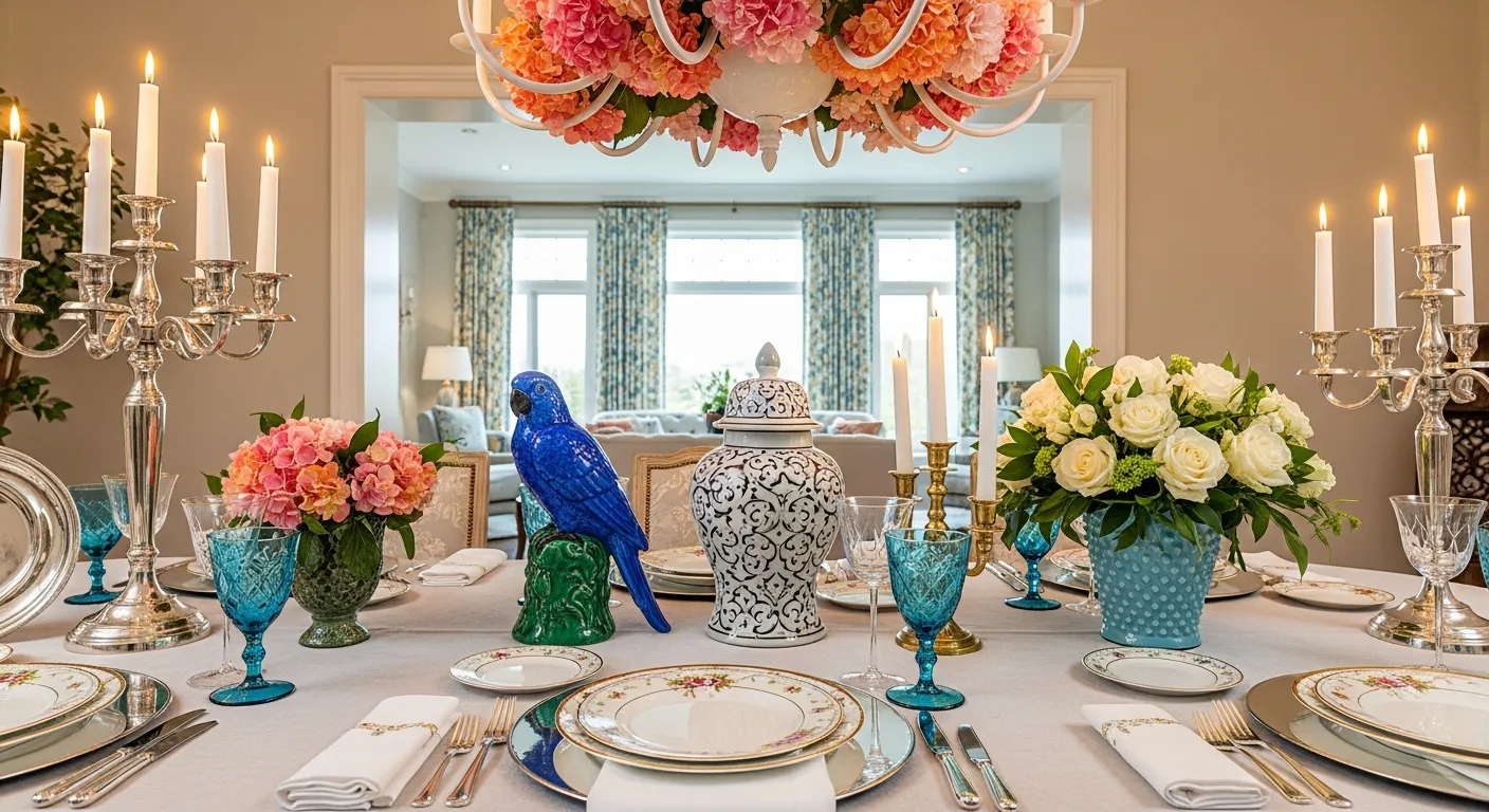 An Exquisitely Adorned Dining Table With an Abundance of Vibrant Artificial Pink and Peach/Orange Hydrangea Blooms