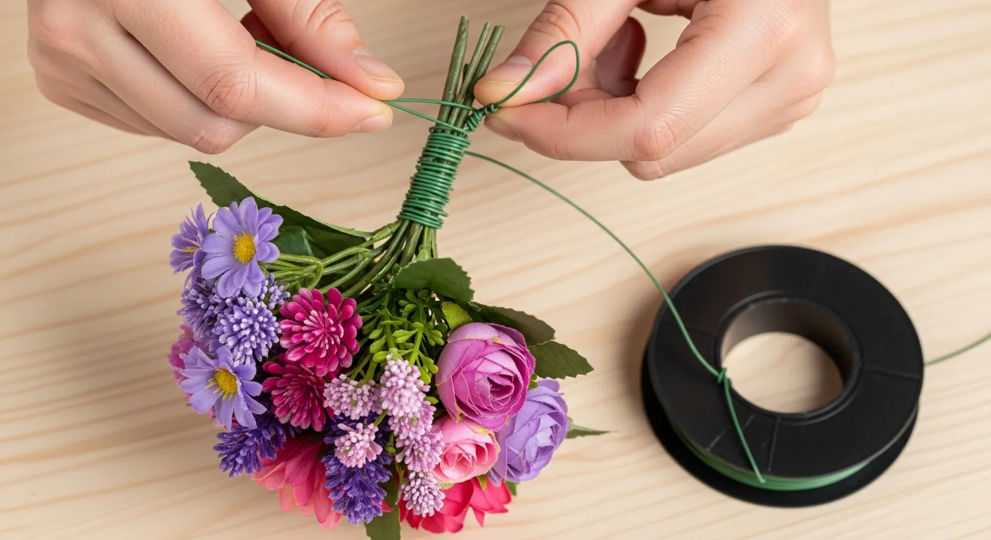 Hands Wrapping Green Floral Wire Around a Small Bouquet of Artificial Purple and Pink Flowers