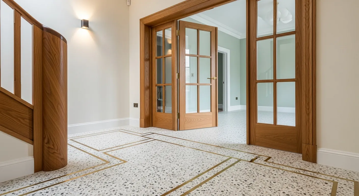 A Speckled Terrazzo Floor, Metal Inlays and Cream Walls and Polished Wooden French Doors 