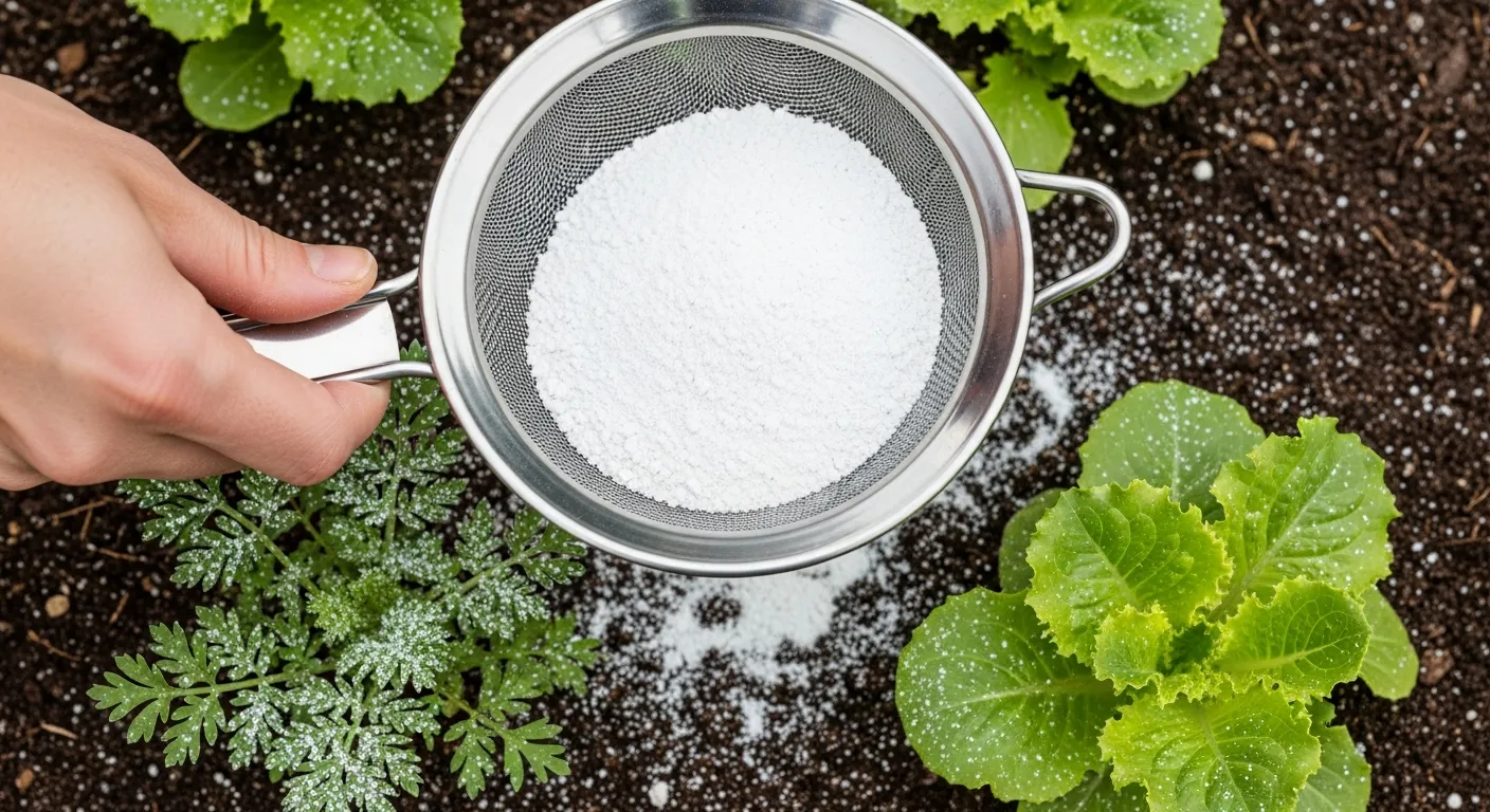 A Polished Stainless Steel Sieve, Filled With Fine, Bright White Diatomaceous Earth Powder, Directly Over a Vibrant Garden Bed
