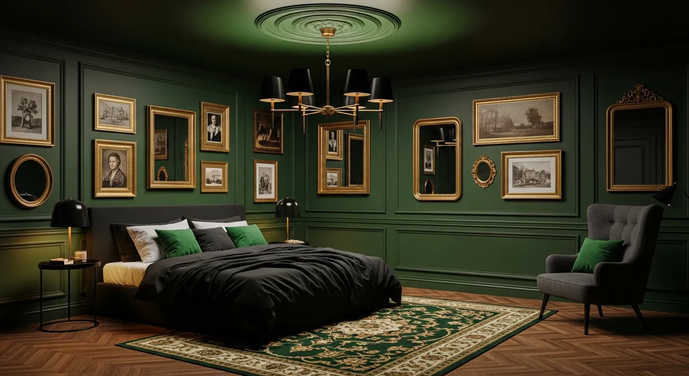 Forest Green Paneled Walls Adorned With a Gallery of Vintage Gold-framed Artworks and Mirrors