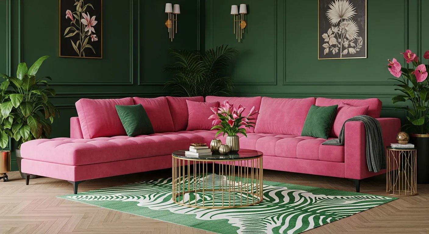 An L-shaped Hot Pink Velvet Sofa and a Matching Round Coffee Table on a Green and White Zebra Rug