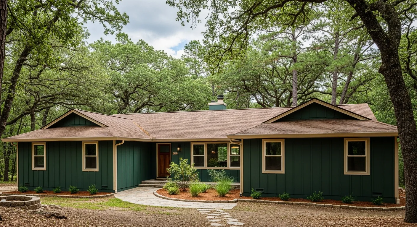 Forest Green house exterior and Beige With Brown Roof