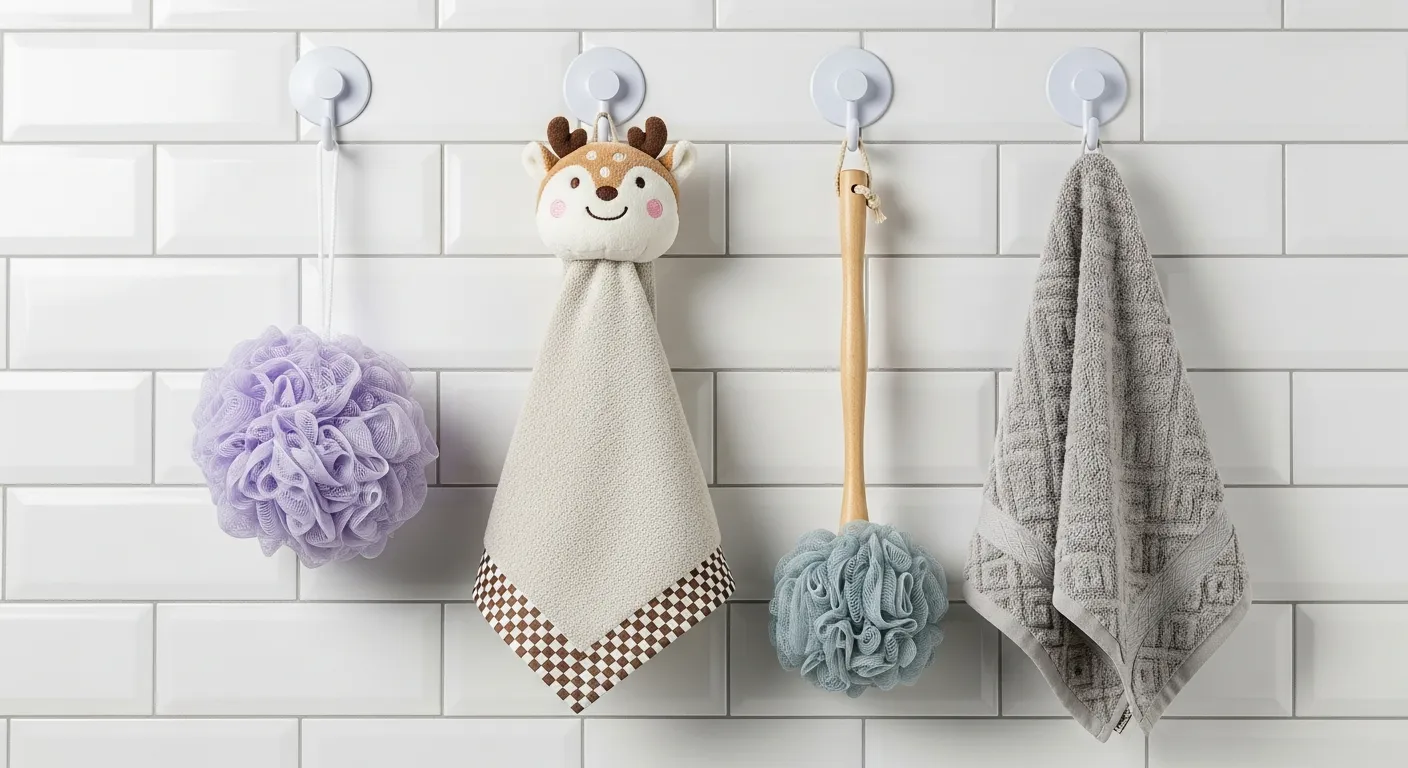 Four Bath and Body Items Meticulously Arranged and Hanging From White Plastic Suction Cup Hooks