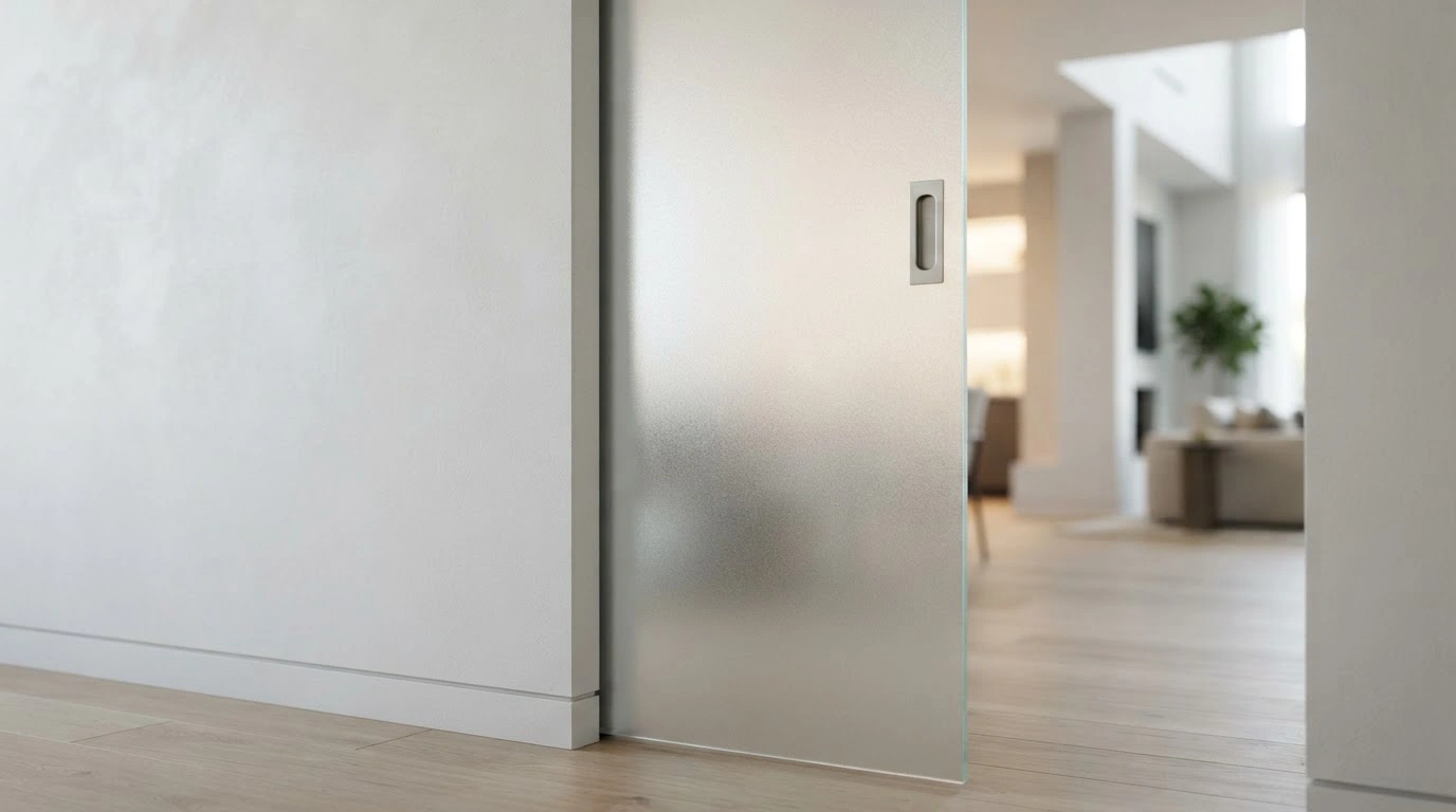 A Sleek, Frameless Frosted Glass Pocket Door