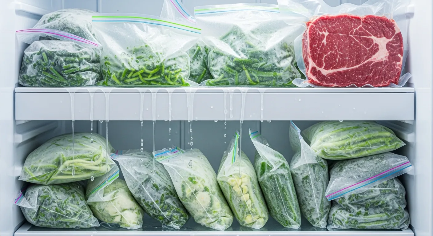 A Brightly Lit Freezer Compartment Filled With Clear, Transparent Plastic Bags Containing Various Extremely Frozen Food Items