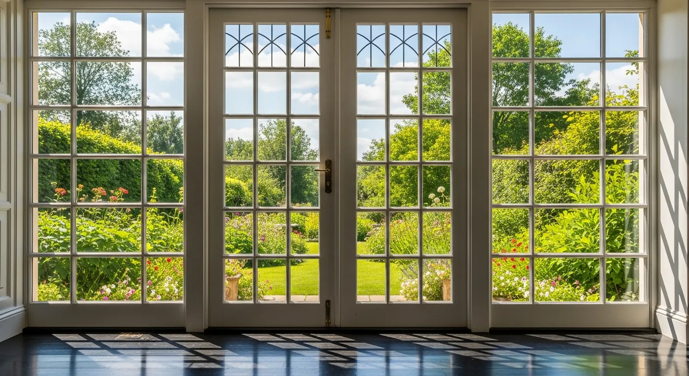 White French Doors With Gridded Panes, Flanked by Multiple Large Windows