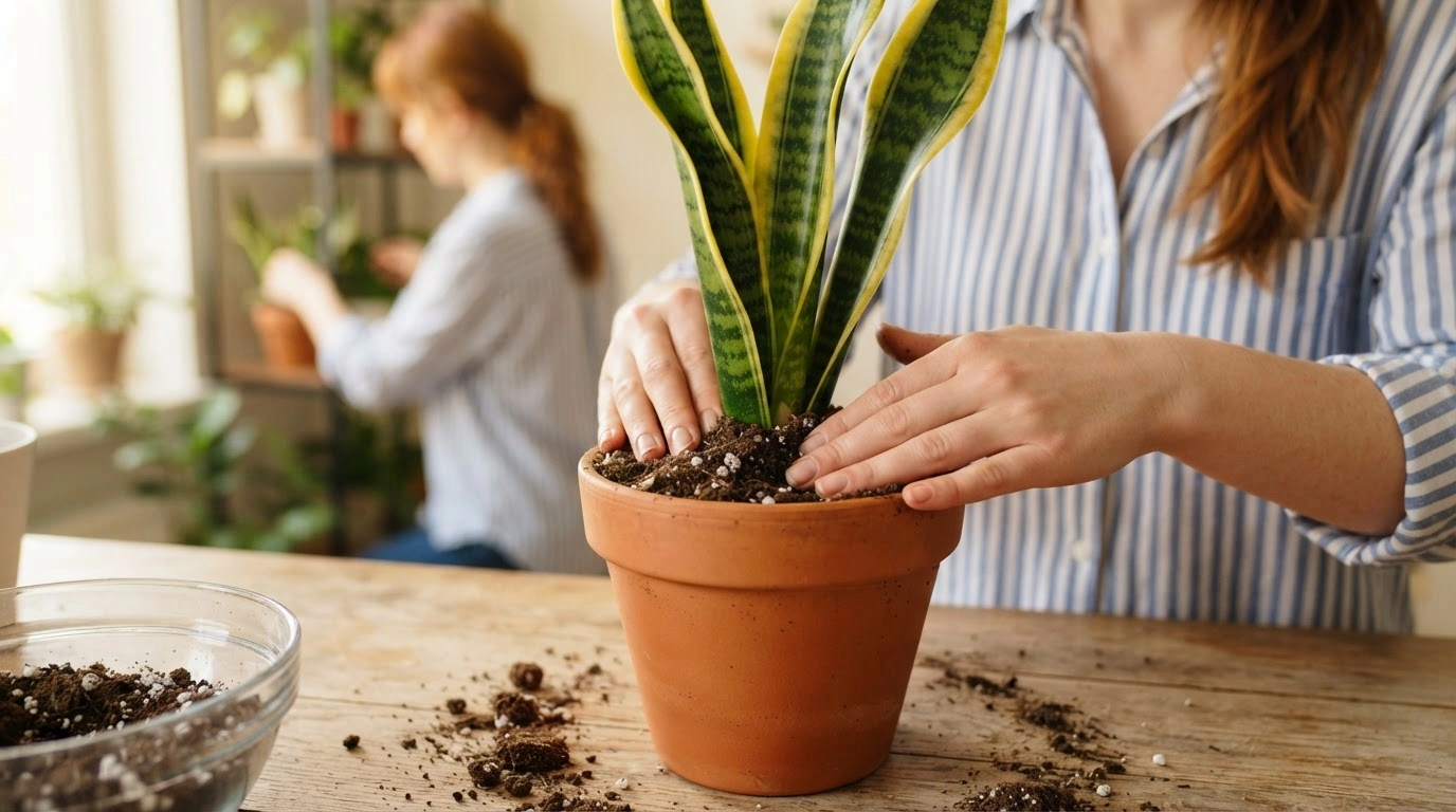 A Person Gently Pressing Fresh, Dark Brown Potting Soil Mixed With White Perlite