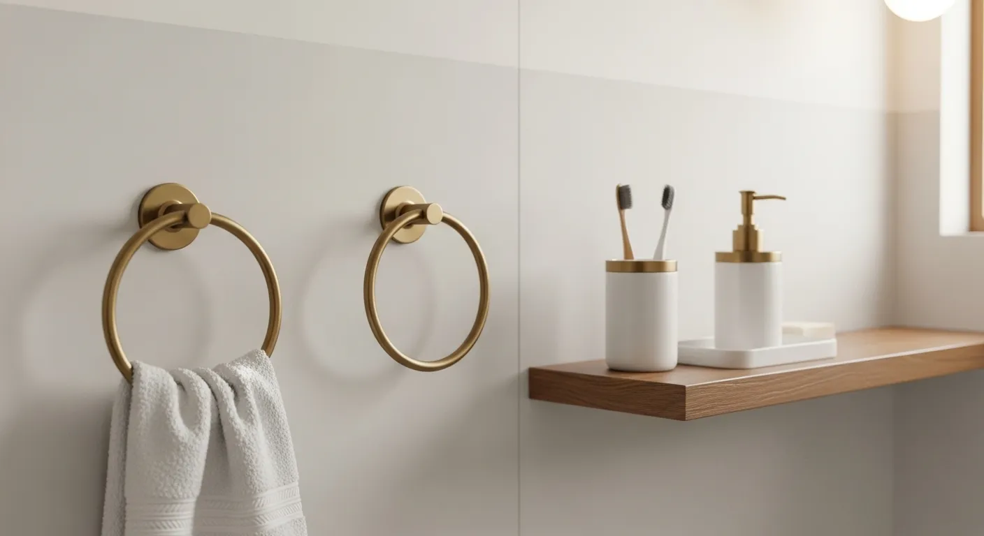 Freshly Painted Walls, Stylish Towel Rings, Toothbrush Holders, and Other Modern Accessories Arranged Neatly Freshly Painted Walls, Stylish Towel Rings, Toothbrush Holders, and Other Modern Accessories Arranged Neatly