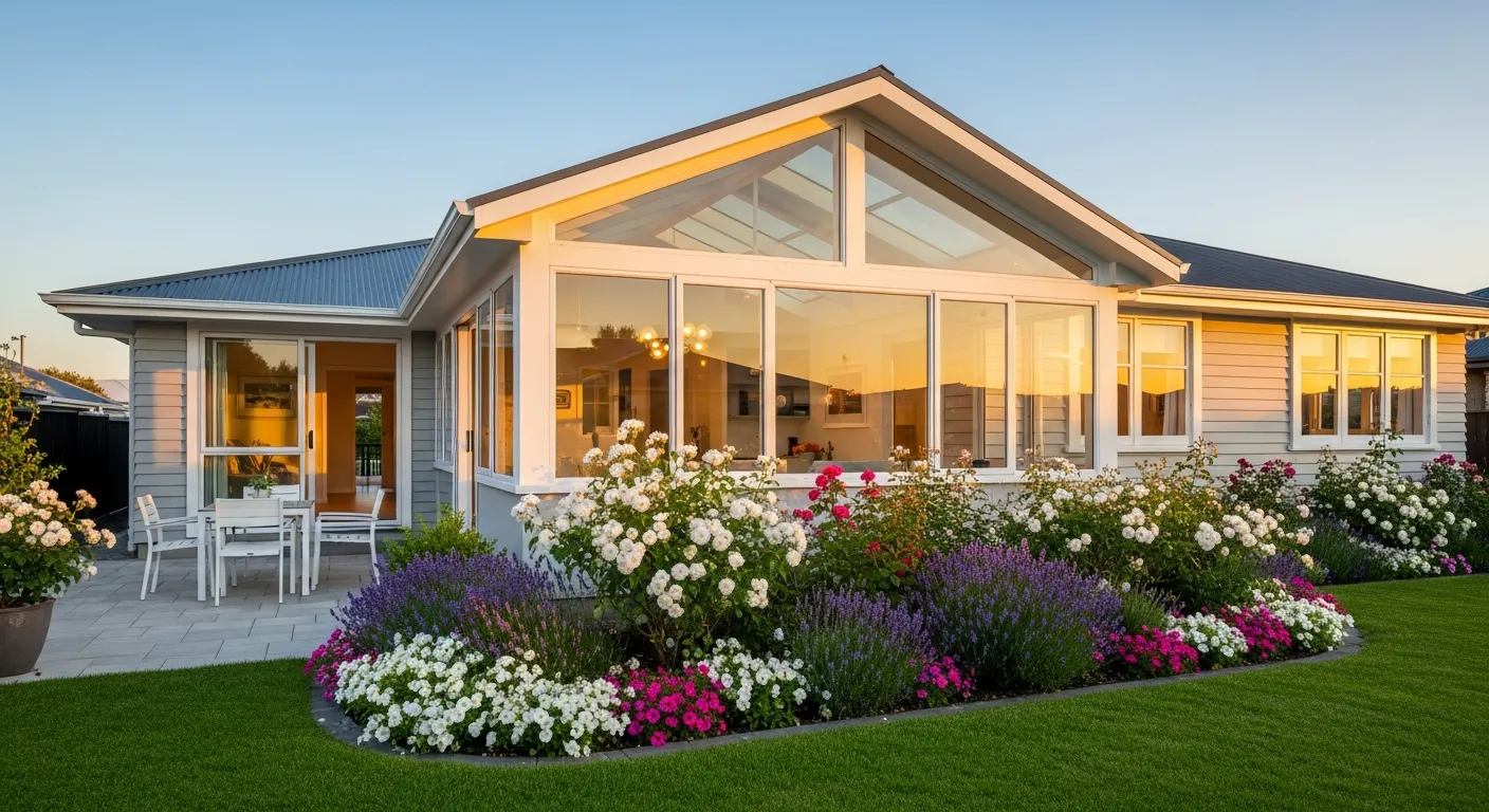 A Charming White Gable Sunroom Extension Glowing With Warm Light, Attached to a Suburban House