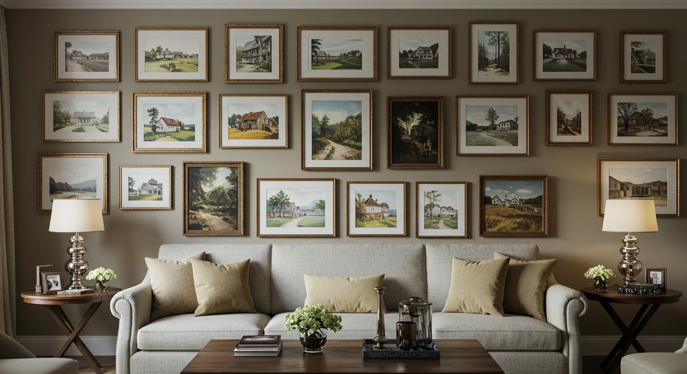 Gallery Wall in Grid Pattern Matching Frames, Artworks From Same Collection Gallery Wall in Grid Pattern Matching Frames, Artworks From Same Collection