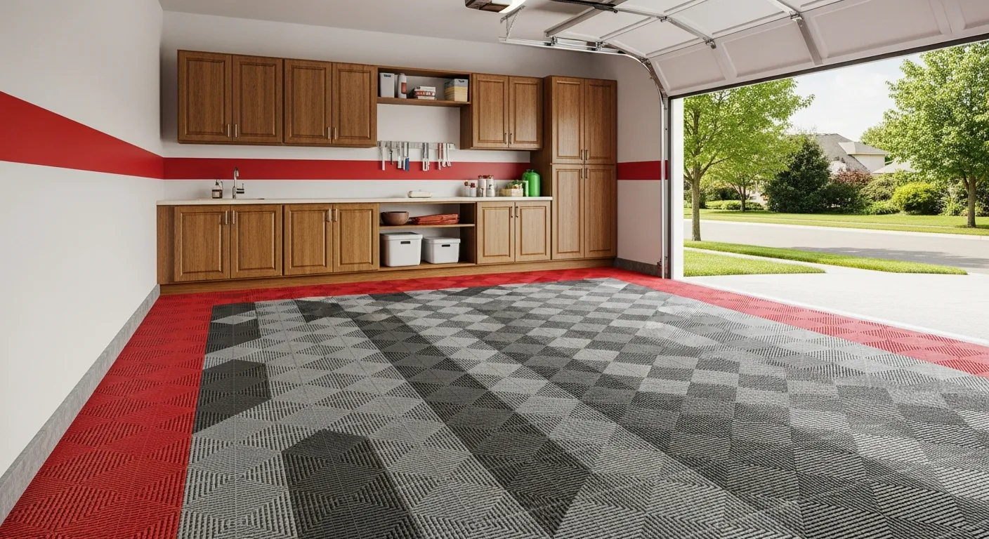 The Floor is Covered With Dark Grey and Light Grey Modular Interlocking Tiles Forming a Checkerboard Pattern