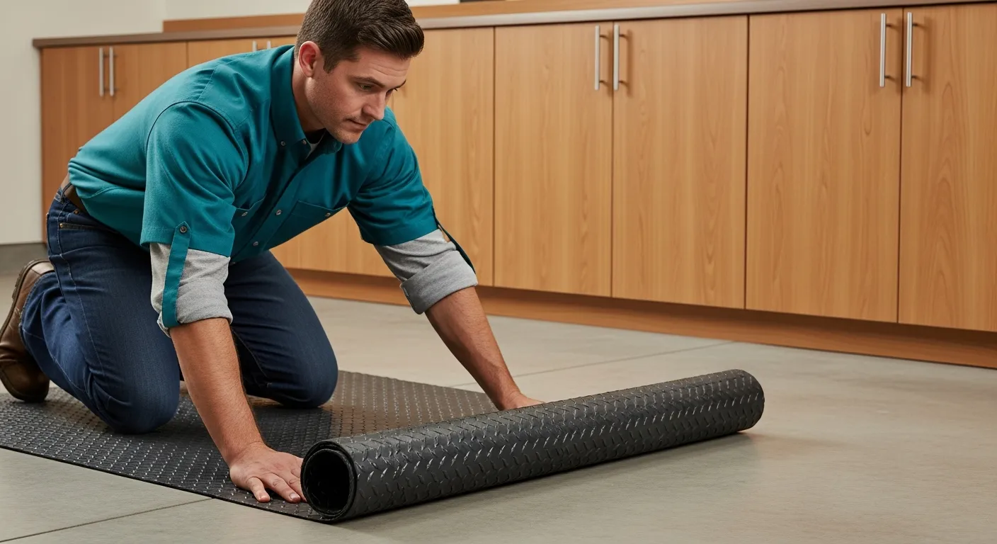 A Man Kneeling on a Light Grey Concrete Garage Floor, Unrolling a Dark Grey Garage Roll