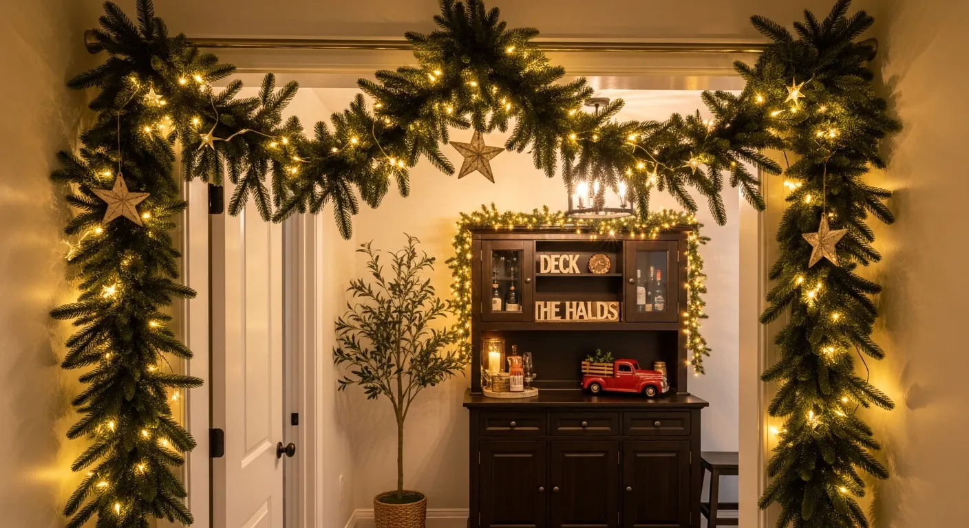 A Doorway is Heavily Draped on a Metal Rod With Lush Evergreen Garlands, Sparkling Warm White String Lights
