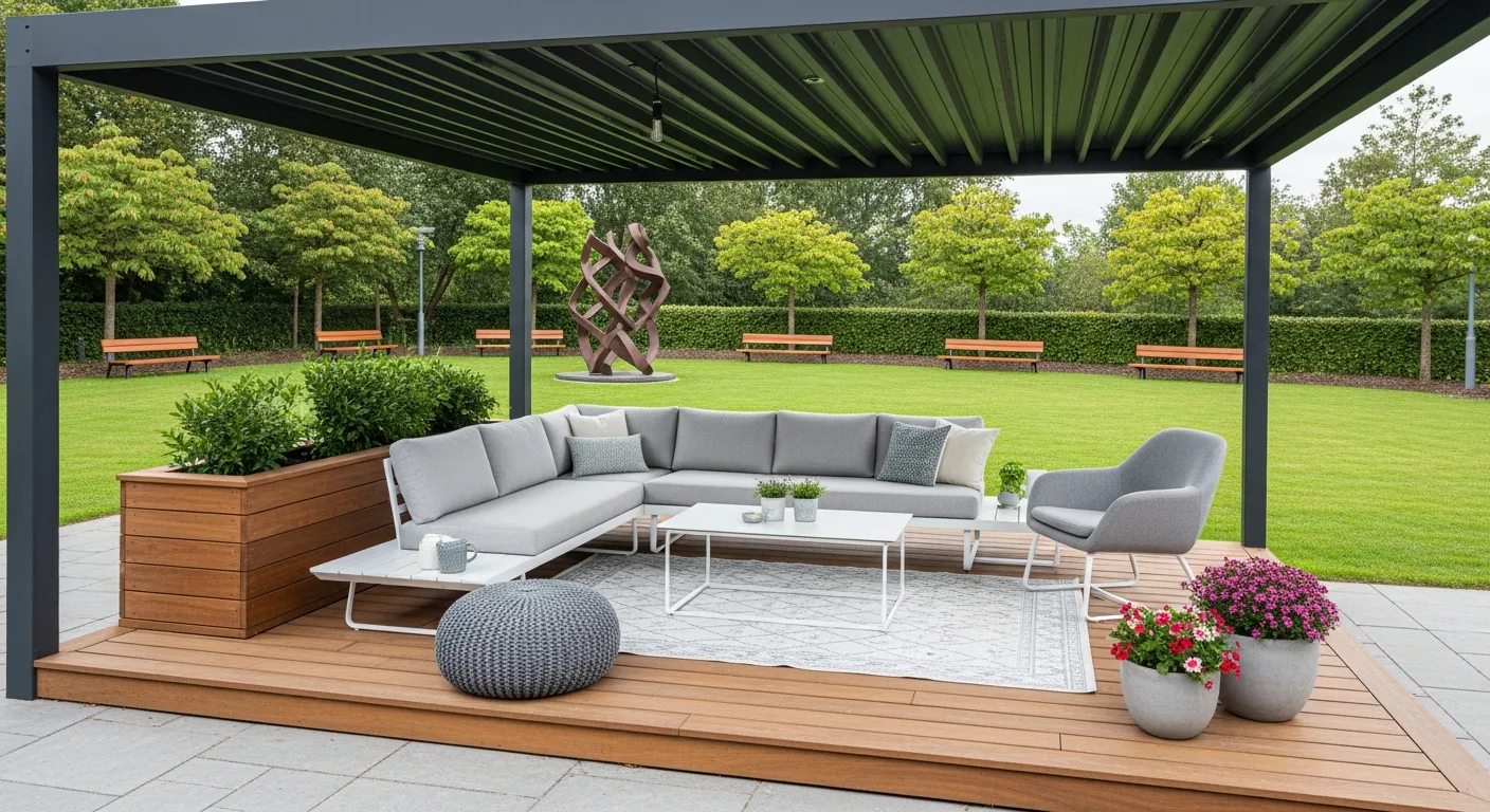 An L-shaped Light Gray Sofa, White Coffee Table, Gray Armchair, and Round Gray Pouf Are Arranged on a Raised Wooden Deck