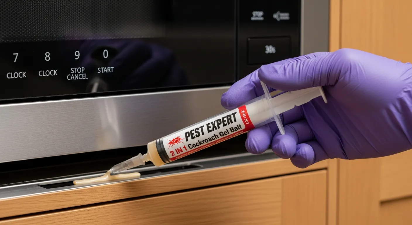 The Beige Pest Control Gel is Being Precisely Squeezed From the Syringe's Nozzle Into Stainless Steel Microwave Oven