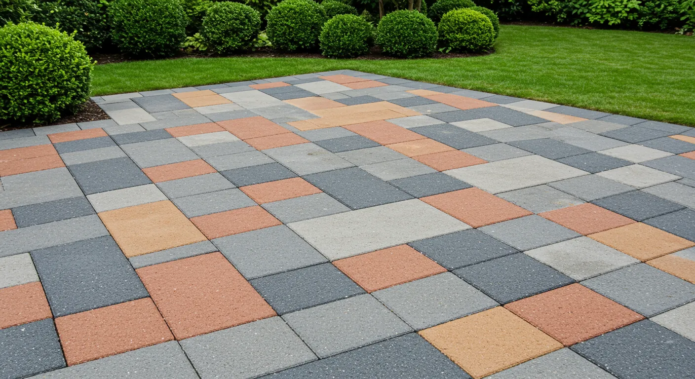 Geometric Brick Pavers in Varied Sizes Form a Modern Pattern Patio Geometric Brick Pavers in Varied Sizes Form a Modern Pattern Patio