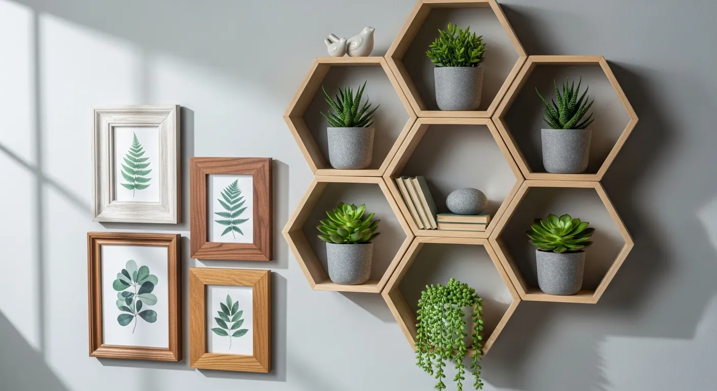 A Stylish Arrangement of Six Interlocking Natural Wood Hexagonal Shelves Mounted on a Light Grey Wall