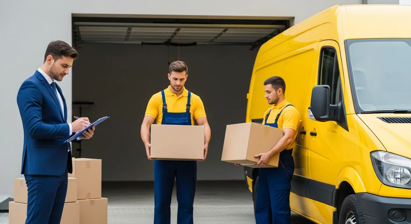 A Mover in a Yellow Shirt and Dark Blue Overalls Holds a Cardboard Box