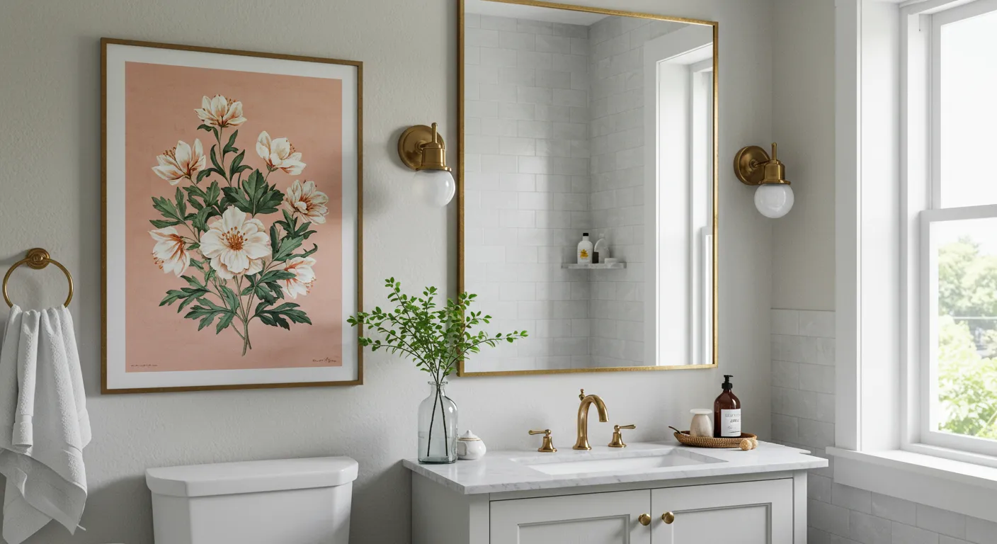 Glass-Framed Art Print Hangs Above a Toilet Glass-Framed Art Print Hangs Above a Toilet