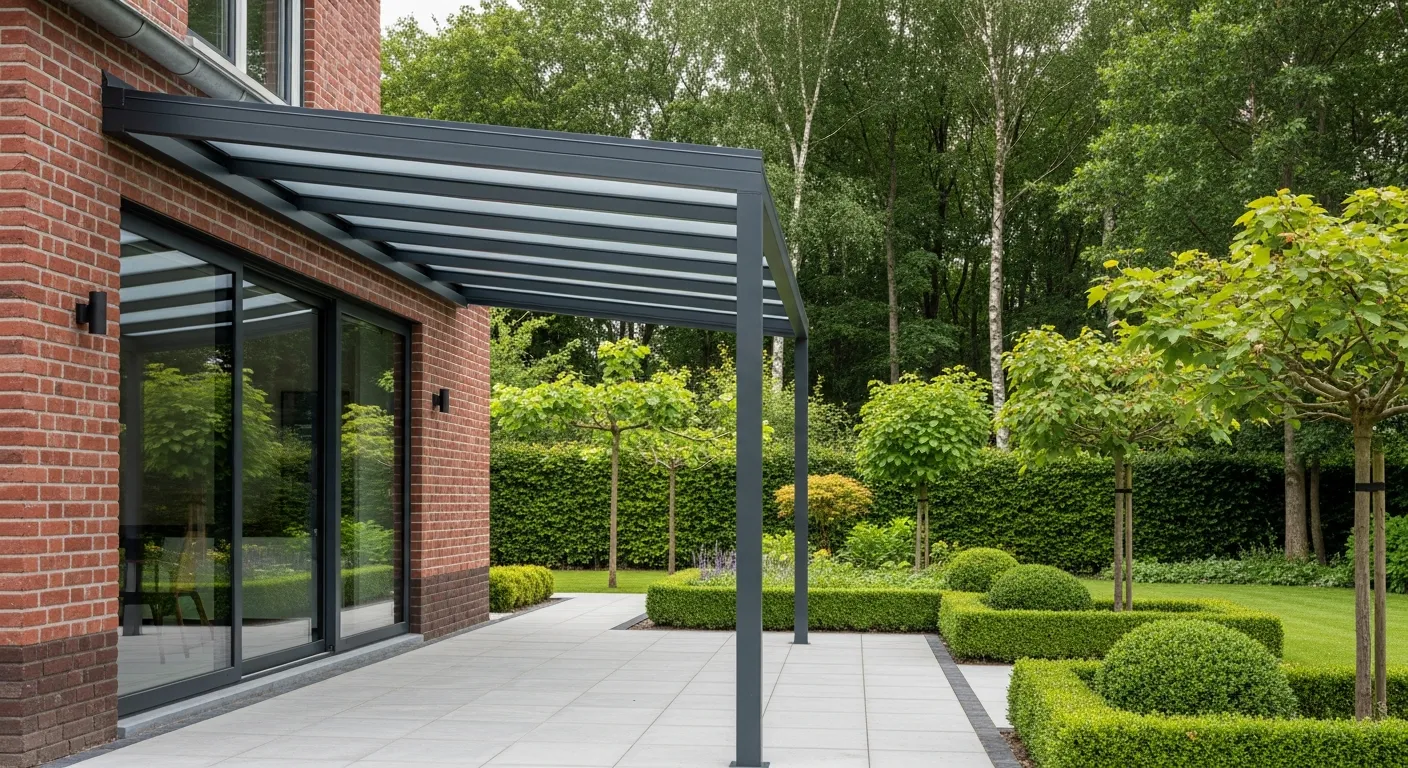 A Dark Grey Metal Frame and Clear Glass Roof, Attached to a Red Brick House With Large Glass Sliding Doors