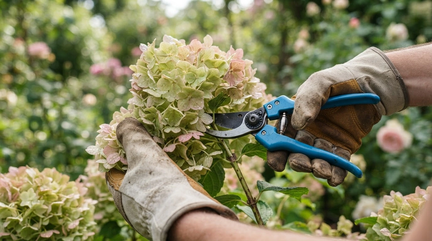Gloved Hands Holding Bright Blue Pruning Shears, Poised to Cut a Stem From a Cluster of Pale Green and Pink Hydrangea Flowers