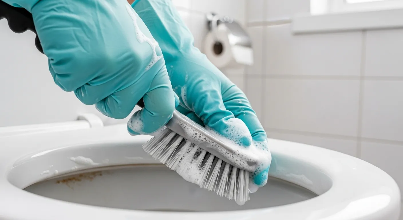 Gloved Hands Scrubbing a Toilet Bowl With a Brush and Cleaner Gloved Hands Scrubbing a Toilet Bowl With a Brush and Cleaner