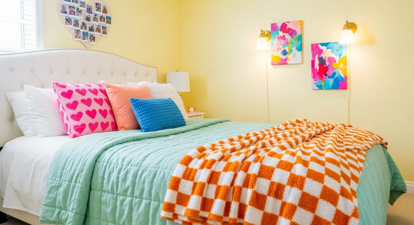 A White Tufted Headboard, a Mint Green Quilted Duvet, and an Orange and White Checkered Fuzzy Throw Blanket