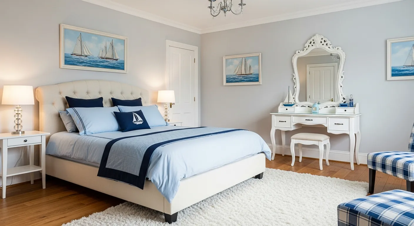 A Cream Upholstered Bed With Light Blue and Navy Bedding, a White Vanity With an Ornate Mirror, and Light Grey Walls