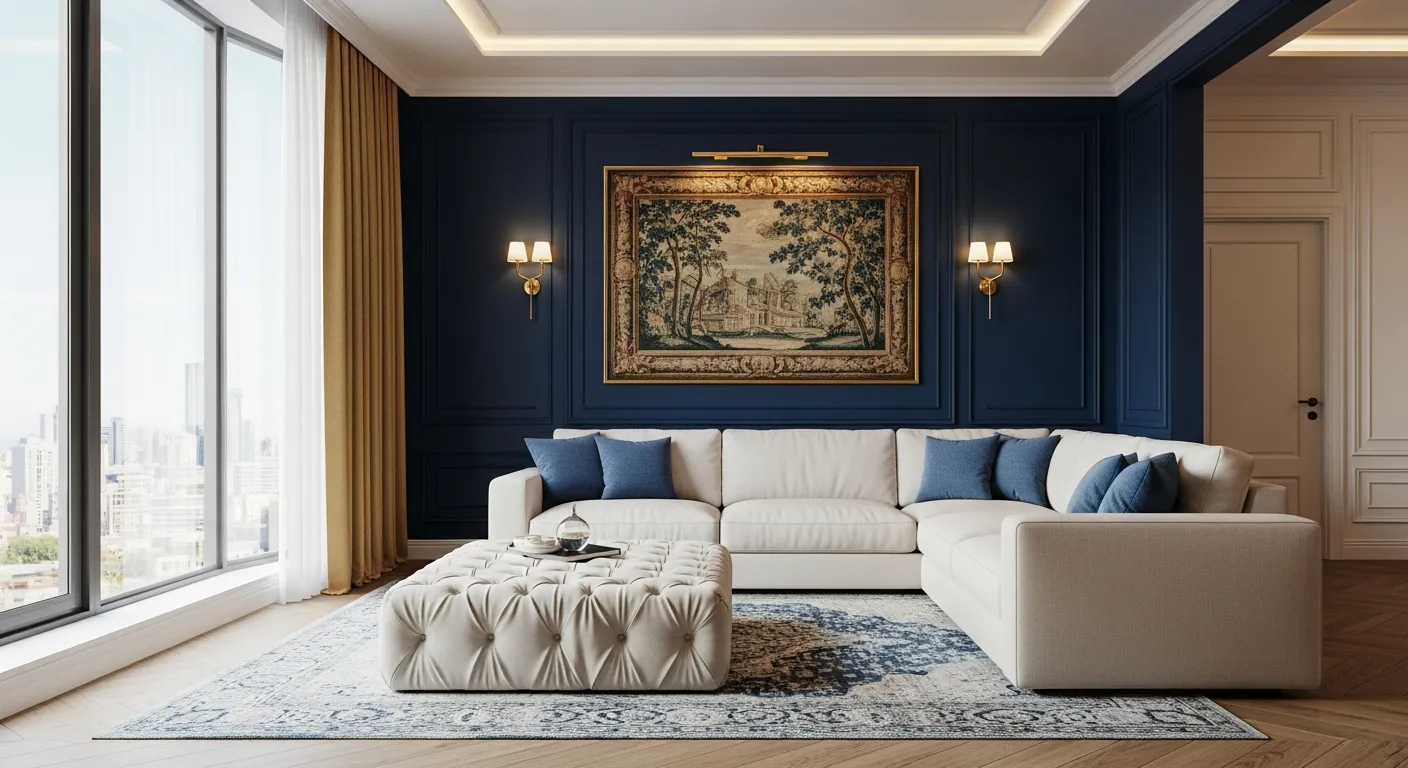 A Large, L-shaped Off-white Sectional Sofa With Blue Throw Pillows, Against a Deep Navy Blue Paneled Accent Wall