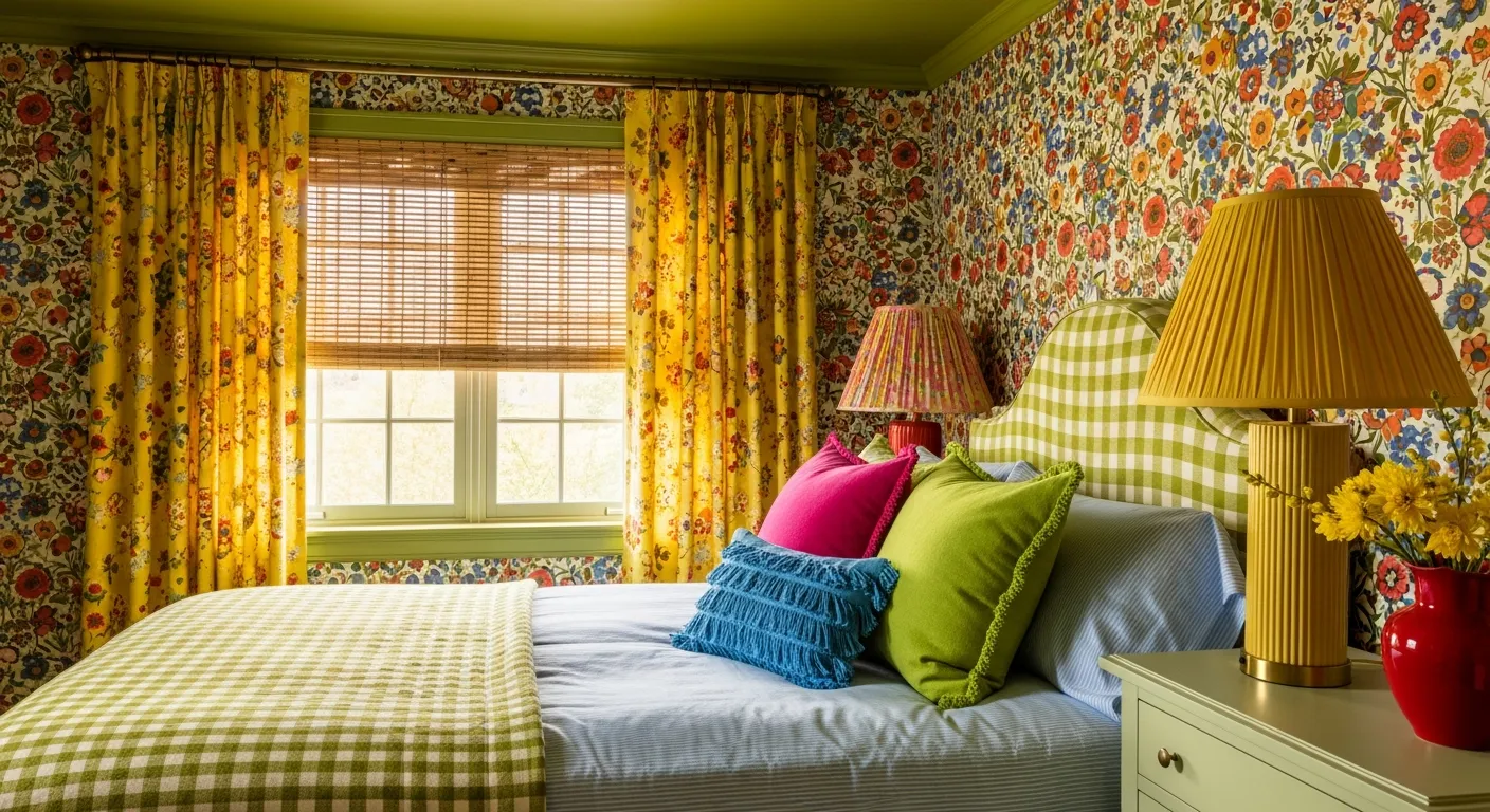 An Olive Green and White Gingham Checked Bed, With a Light Blue Striped Sheet and Fuchsia Pink, Lime Green, and Fringed Blue Pillows
