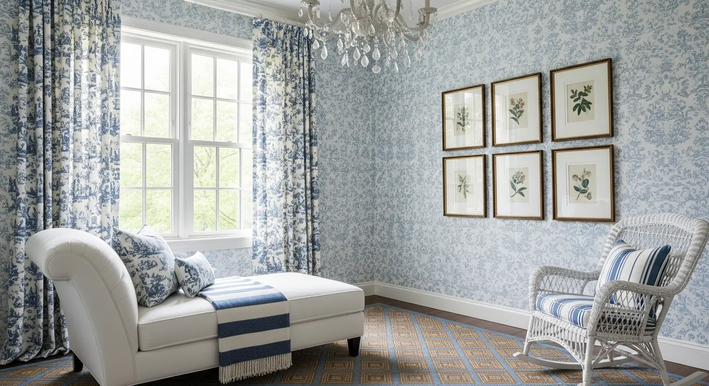 A White Chaise Lounge, a White Wicker Rocking Chair With Striped Cushions, and a Gallery Wall