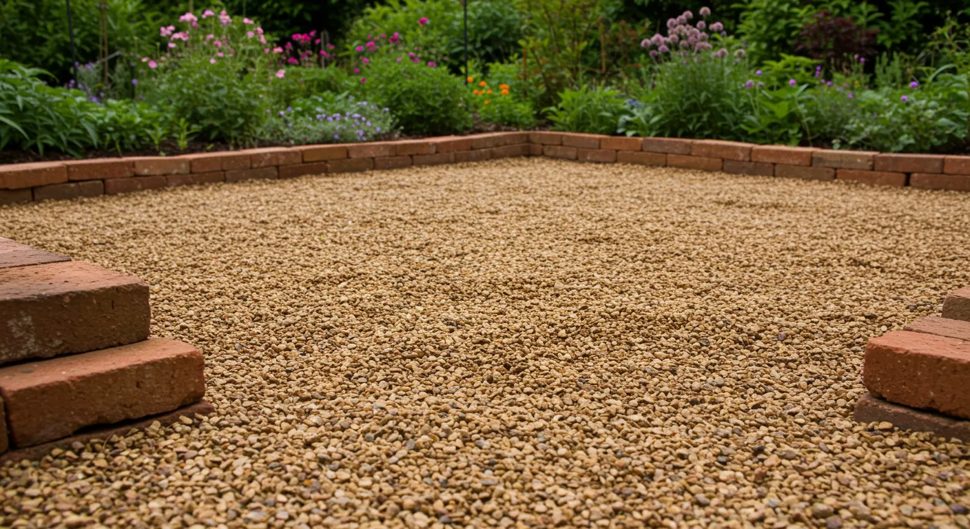 Gravel Patio Defined by Rustic Red Brick Pavers Gravel Patio Defined by Rustic Red Brick Pavers