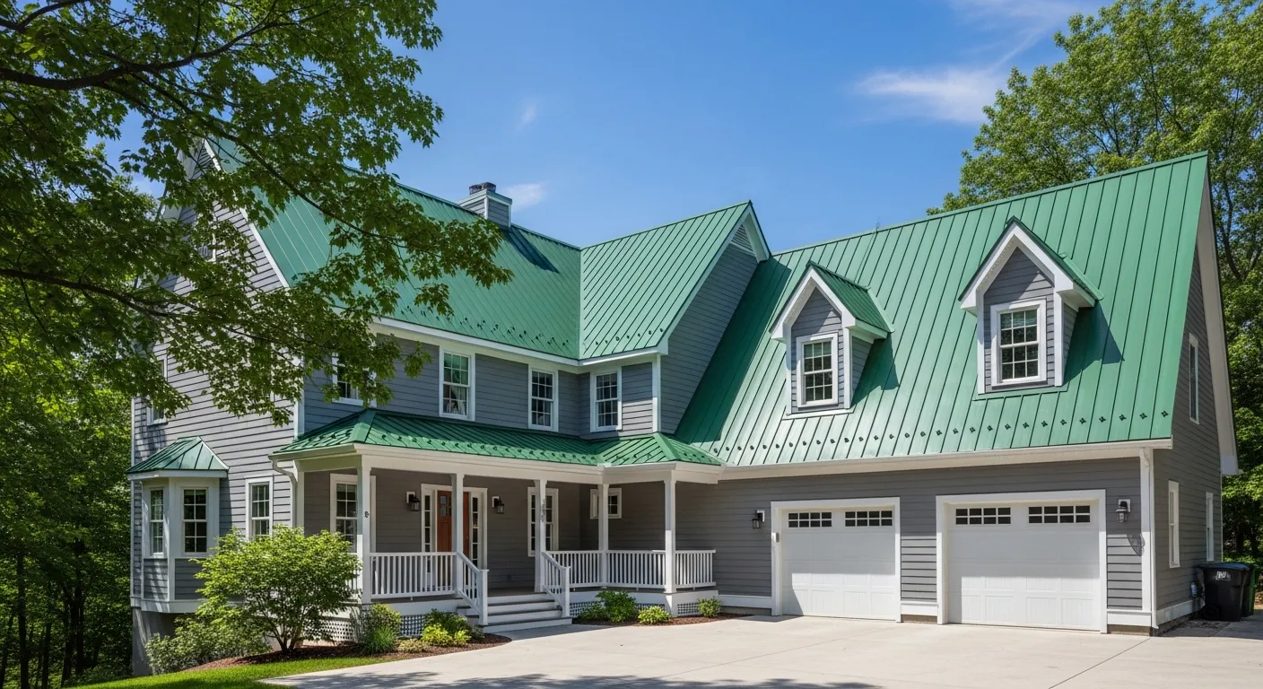 A Large, Multi-gabled House With Gray Horizontal Siding and a Vibrant Green Standing Seam Metal Roof