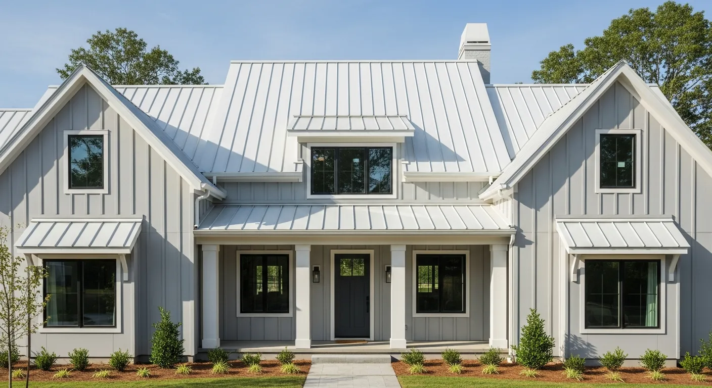 The House Features Crisp Gray Walls, a White Standing Seam Metal Roof, and Matte Black-framed Windows