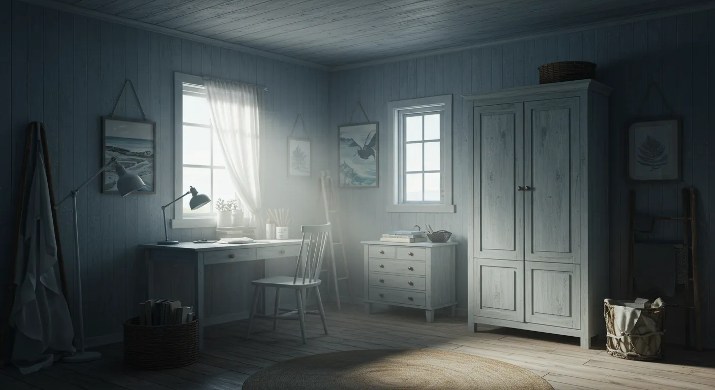 Grayish-Blue Walls With Pine Wood Planks Ceiling, Desk, Cabinet and Drawers Grayish-Blue Walls With Pine Wood Planks Ceiling, Desk, Cabinet and Drawers