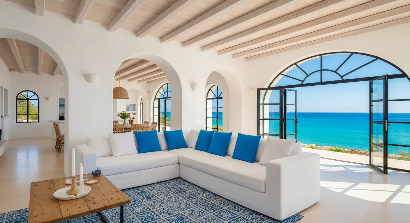 A Whitewashed Arched Walls, Exposed Light Wooden Ceiling Beams, and a White L-shaped Sofa With Vibrant Blue Cushions