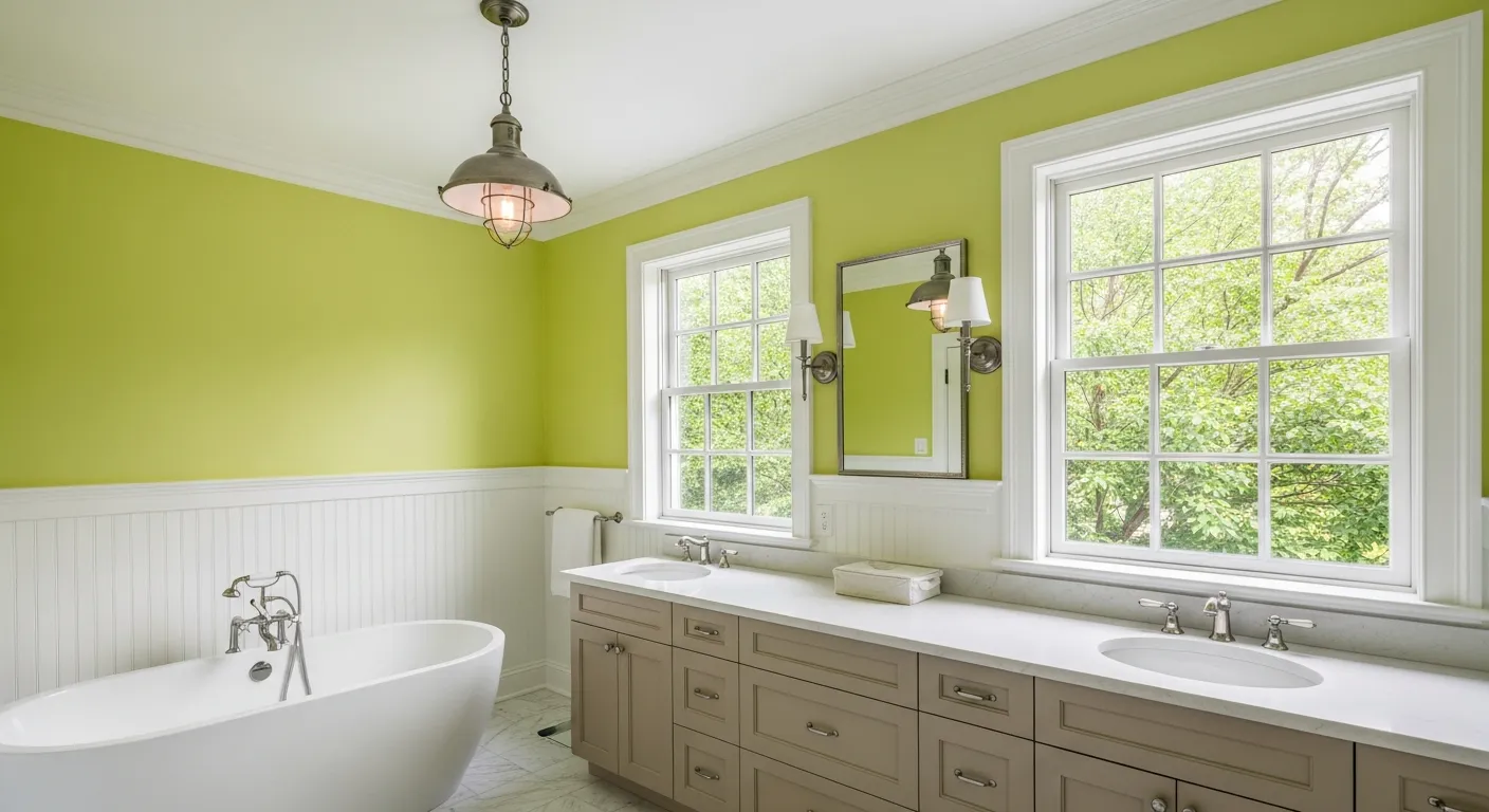A Bright Green Walls With White Wainscoting and Marble Floor With a Long Beige Vanity With a White Countertop