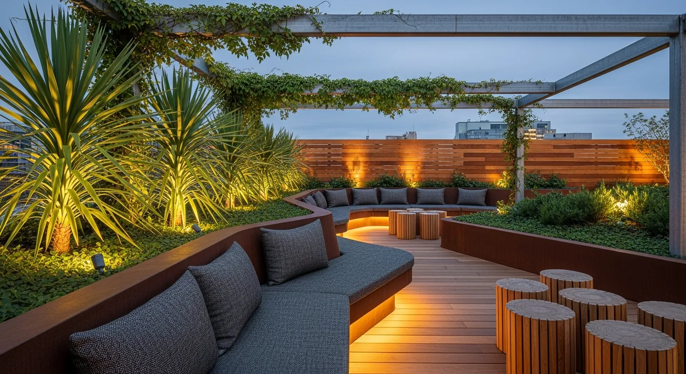 The Wooden Deck Flooring, With Integrated Planters, Lush, Spiky Green Grass Trees