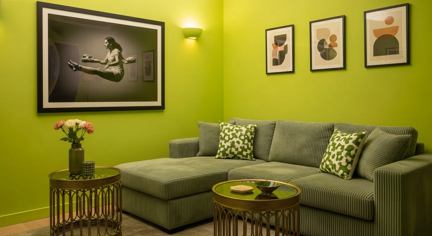A Vibrant Lime Green Walls, a Sage Green Corduroy Sectional Sofa With Green and White Patterned Throw Pillows