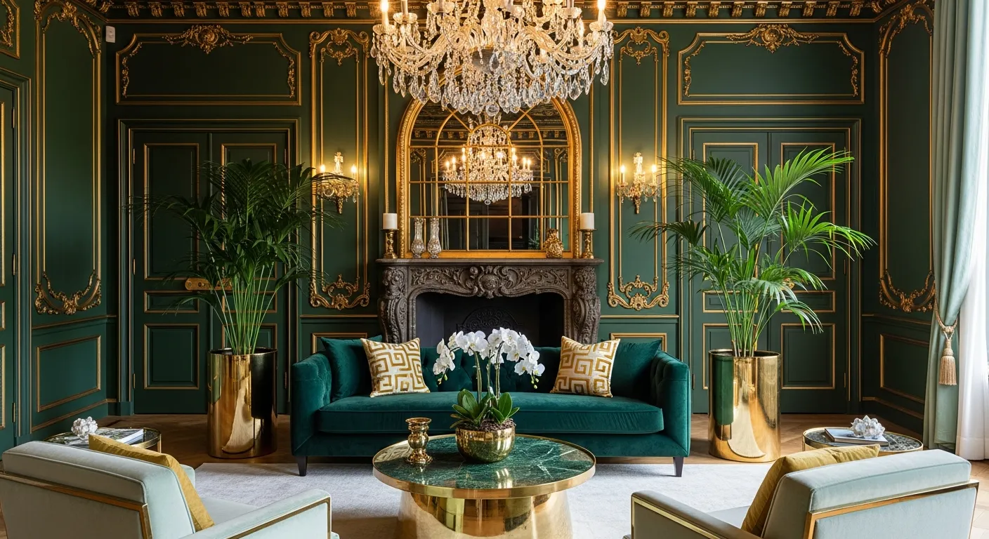 Rich Emerald Green Walls With Intricate Gold Boiserie and Ornate Moldings