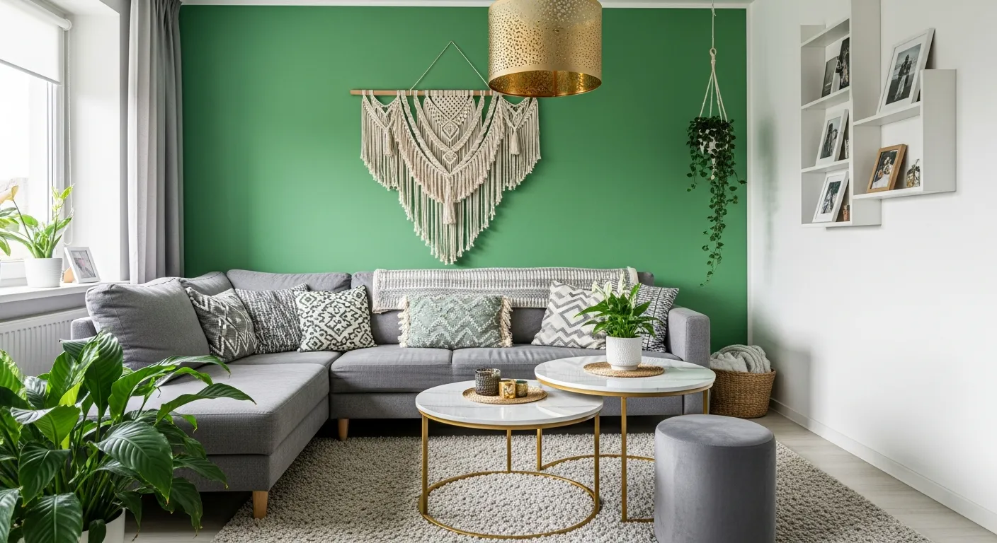 An L-shaped Grey Sectional Sofa, Covered With Various Patterned Pillows